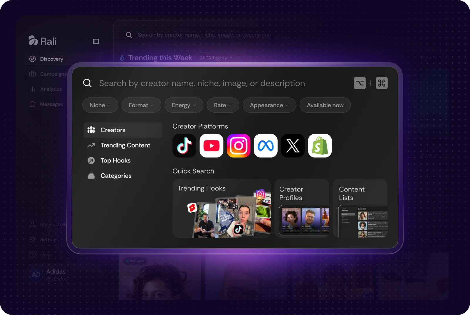 Rali discovery dashboard with a creator search box and filters for niche, format, energy, rate, appearance and platform