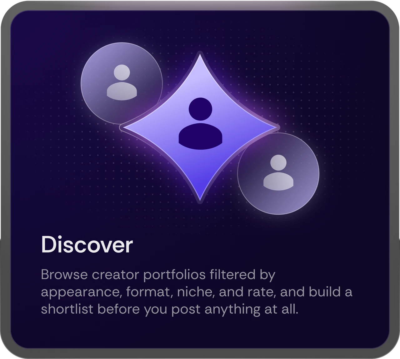 Discover - browse creator portfolios filtered by appearance, format, niche, and rate, and build a shortlist before you post anything at all