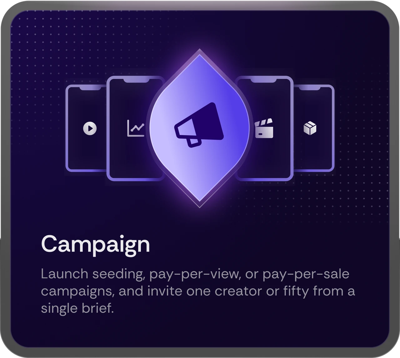 Campaign - launch seeding, pay-per-view, or pay-per-sale campaigns, and invite one creator or fifty from a single brief